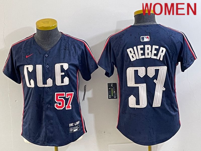 Women Cleveland Indians #57 Bieber Blue City Edition Nike 2024 MLB Jersey style 3